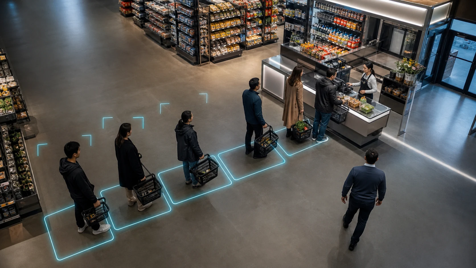 CCTV analytics monitoring a retail checkout queue from an overhead store camera angle
