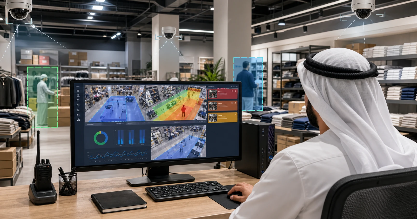 UAE retail operations manager monitoring AI CCTV analytics from existing cameras on a local edge PC