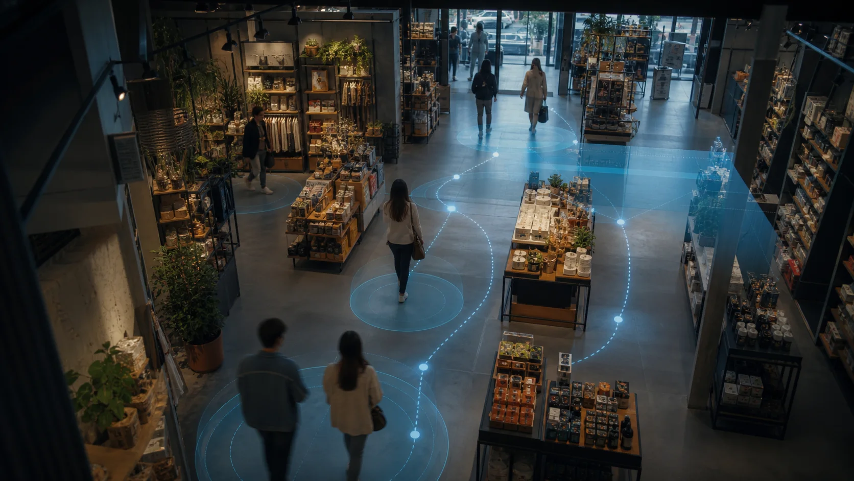 Editorial image of AI in-store video analytics overlays inside a retail store