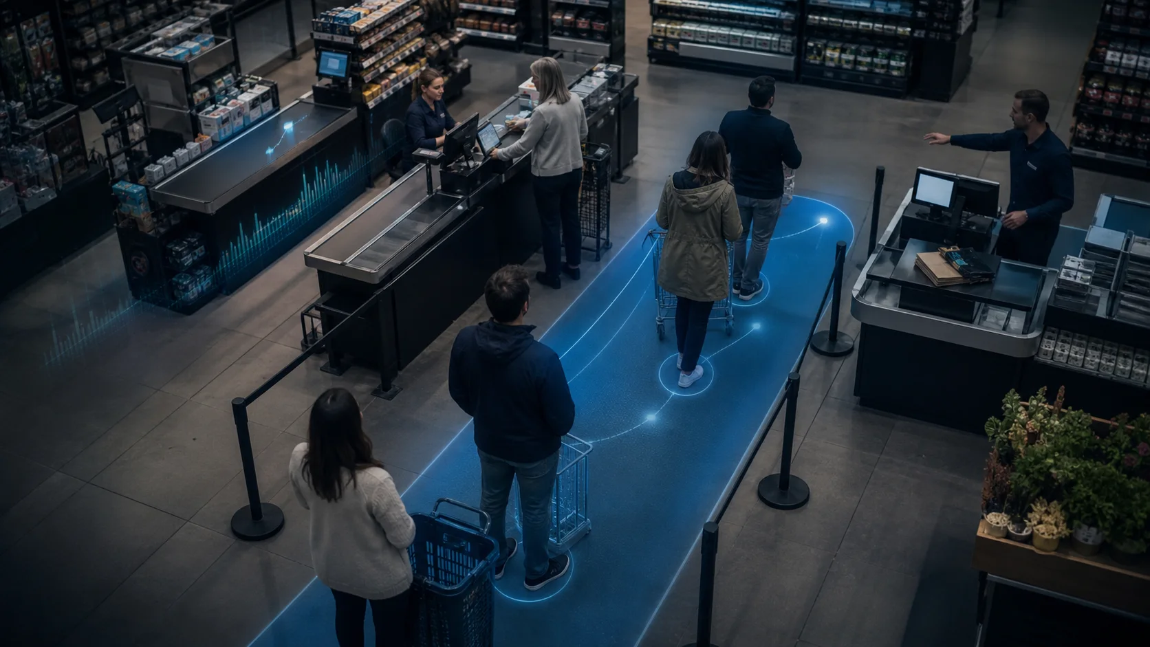 Editorial image of AI queue management analytics at a supermarket checkout