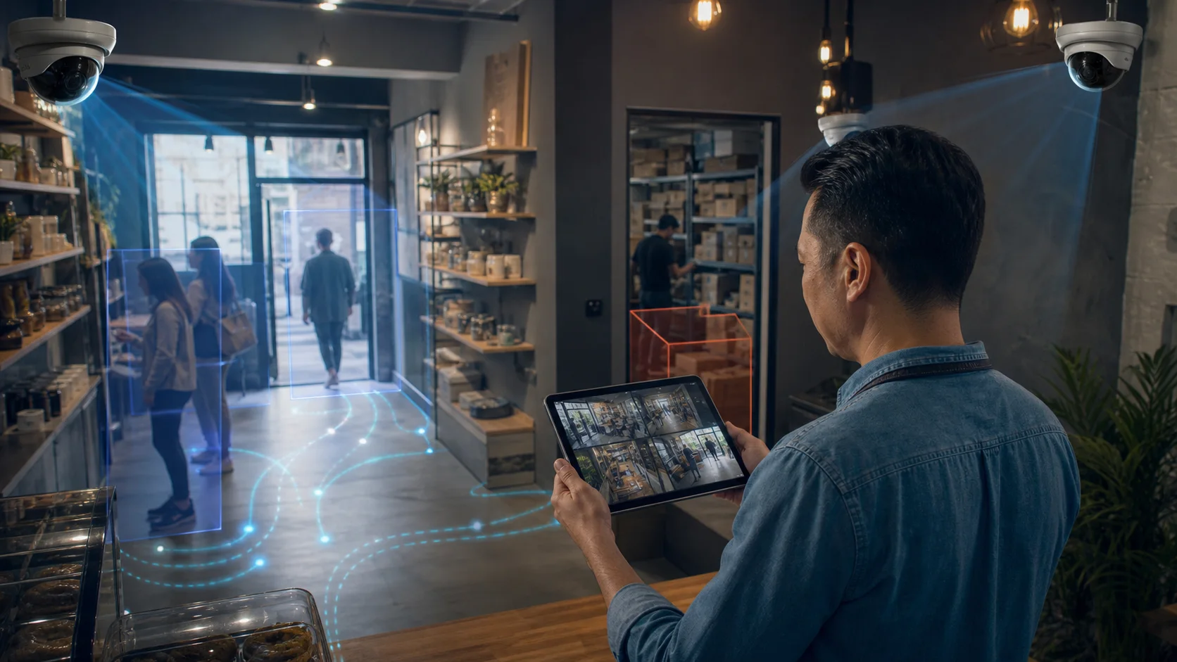 Editorial image of a small business owner reviewing AI video analytics from existing cameras