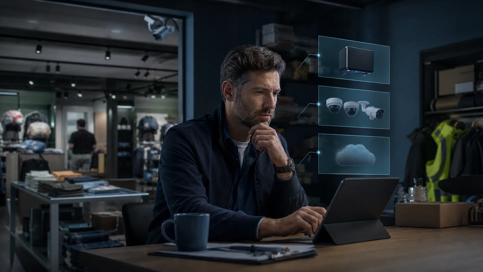 Editorial image of a retailer evaluating CCTV analytics software pricing and deployment options