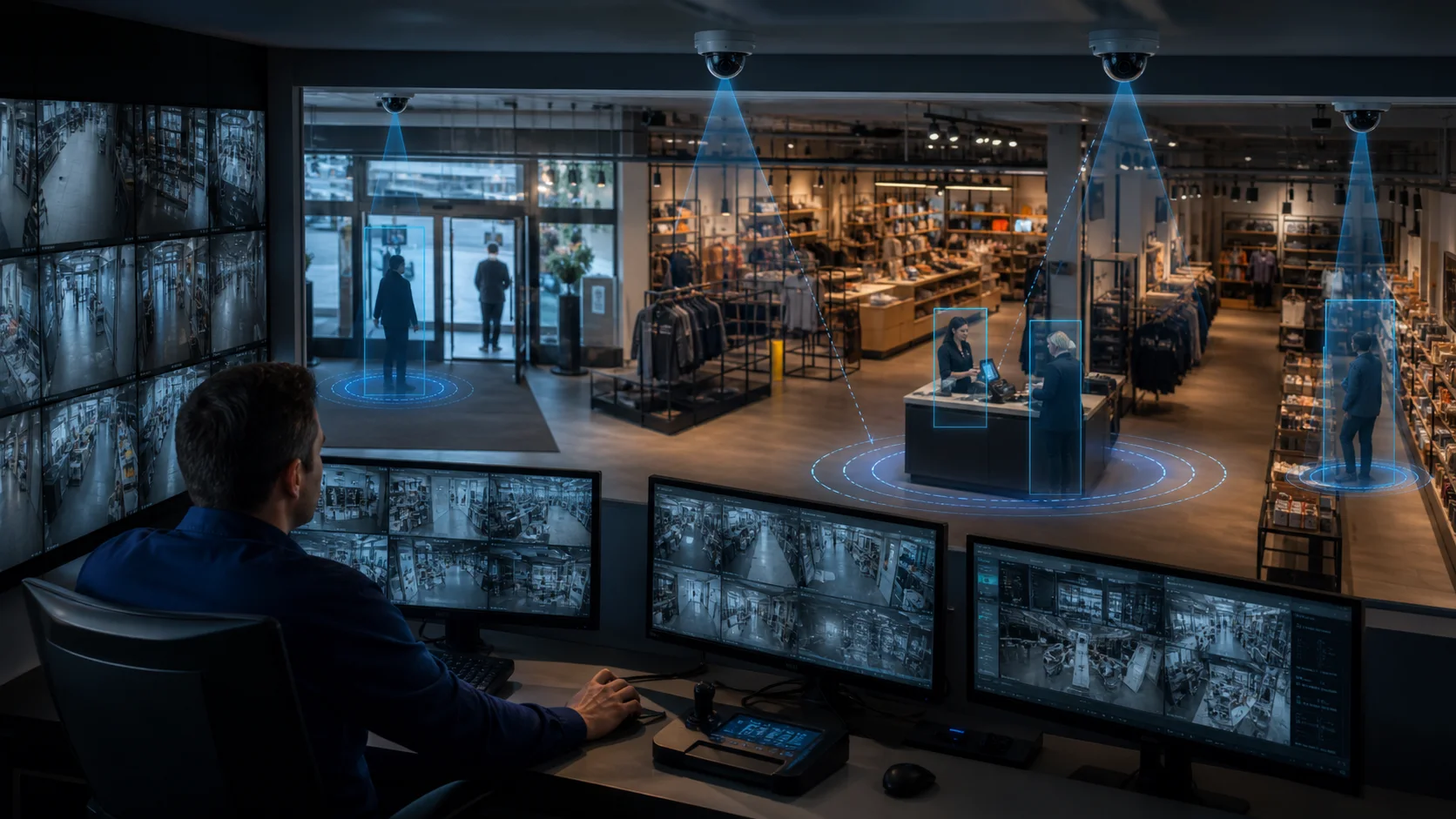 Editorial image of CCTV video analytics overlays across a retail store