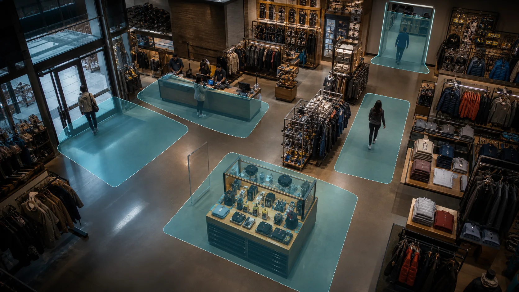 Editorial image of five configured AI camera analytics zones in a retail store