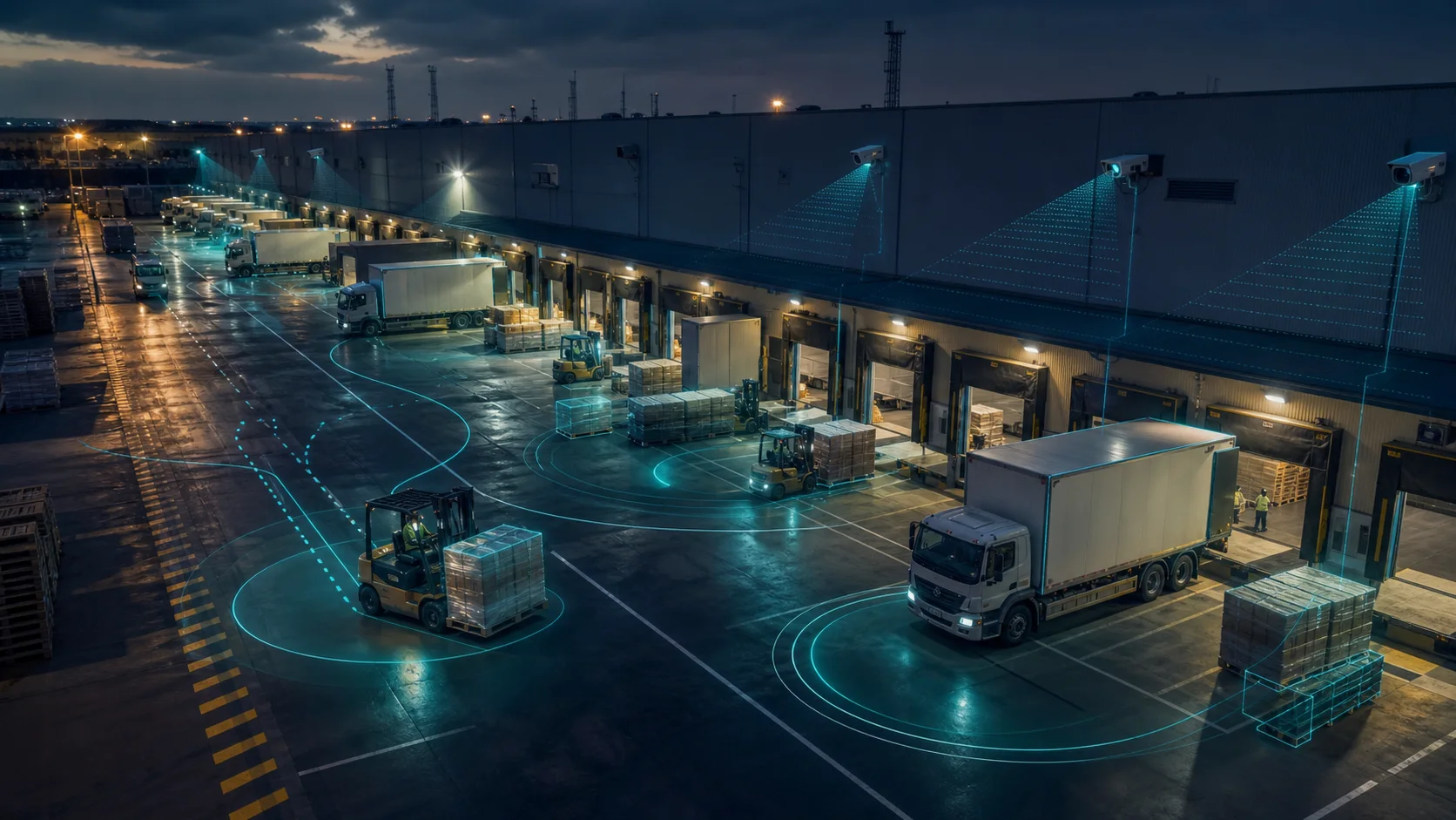 Editorial image of AI loading dock analytics across warehouse dock doors