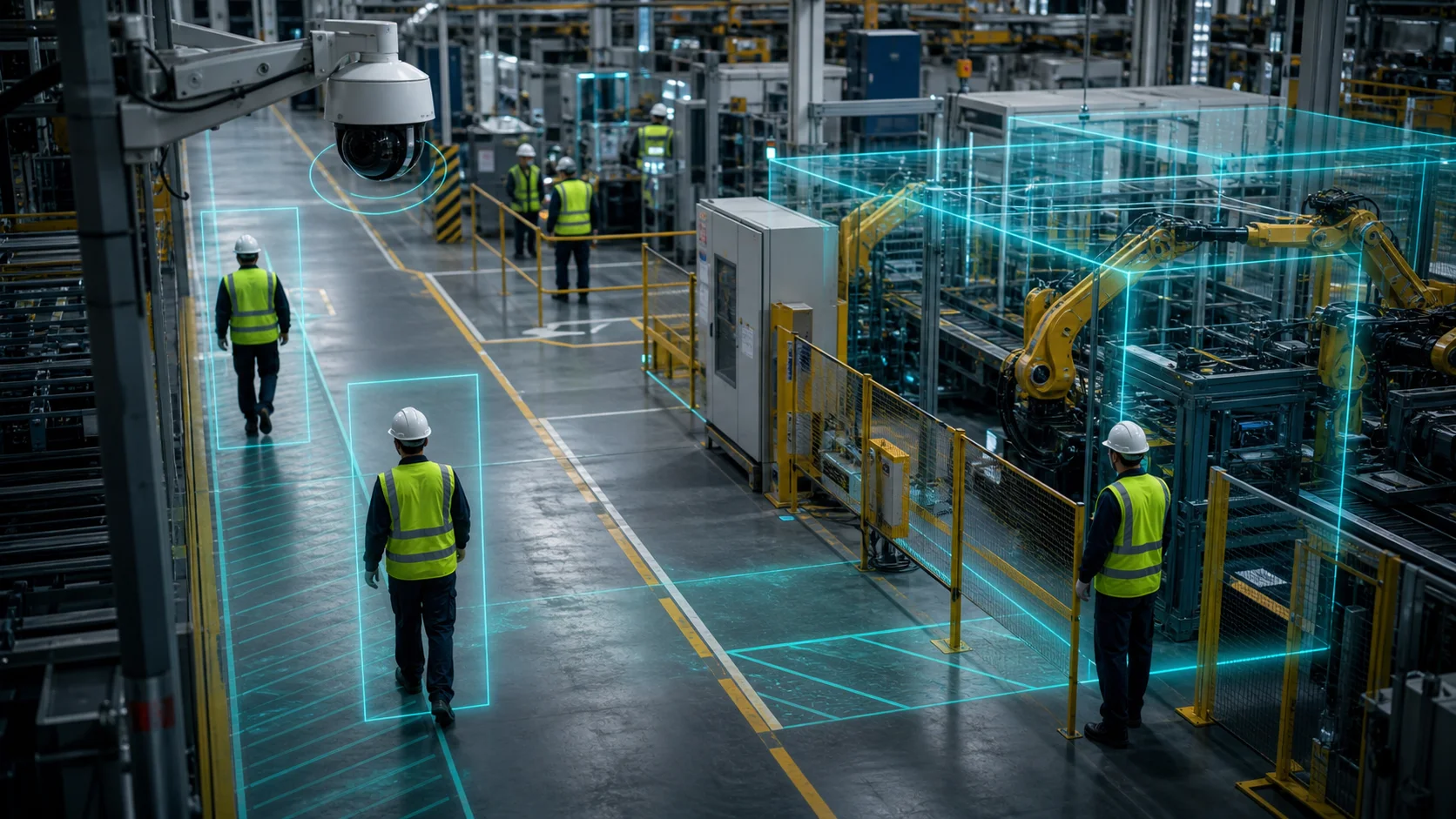 Editorial image of AI PPE compliance and safety zones on a manufacturing floor
