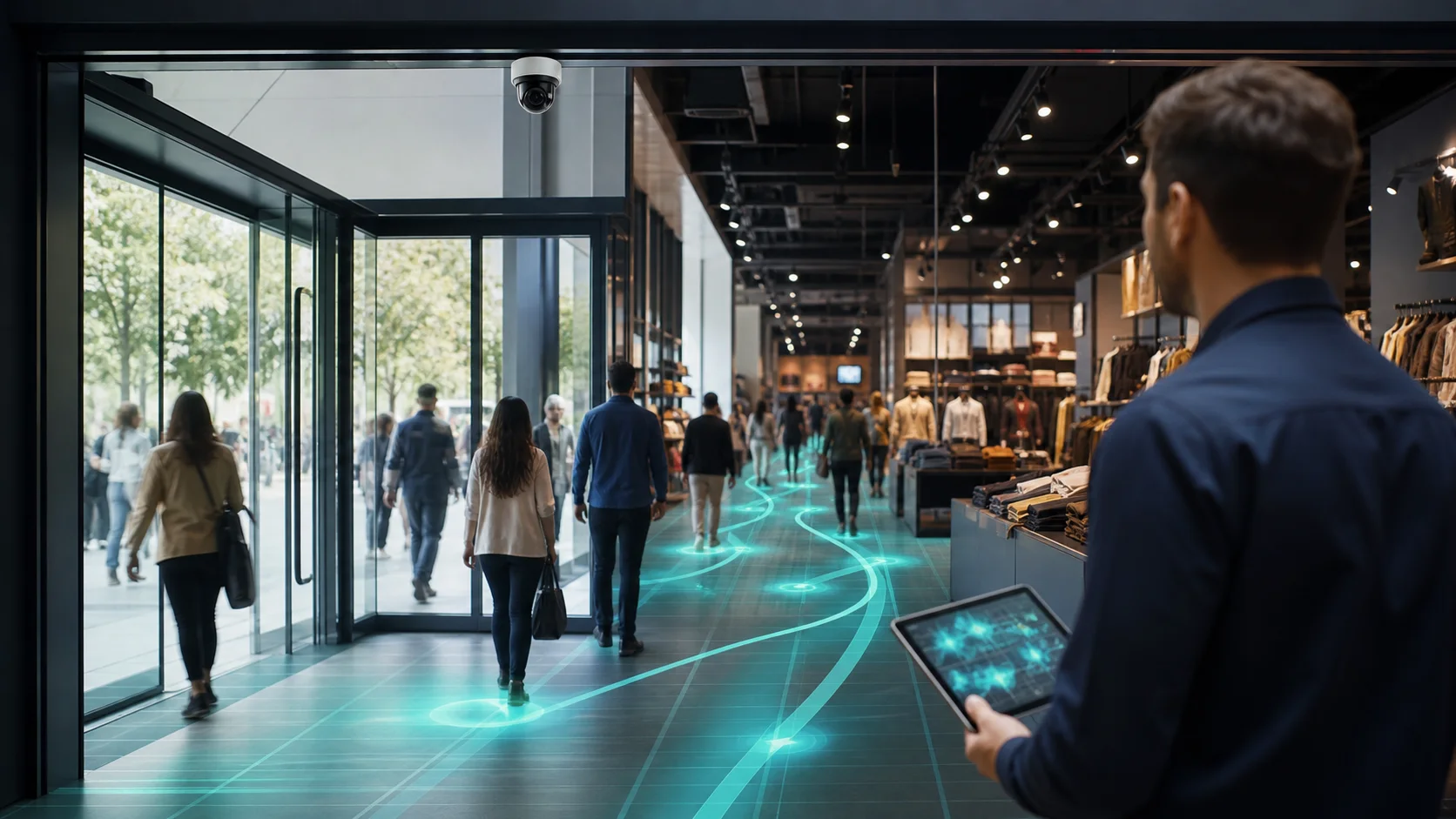 Editorial image of AI foot traffic analytics at a retail store entrance