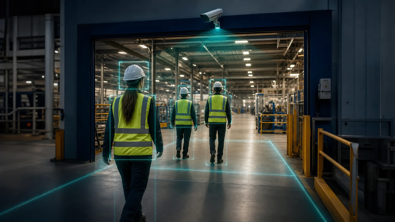 Editorial image of AI PPE compliance monitoring at a warehouse safety zone
