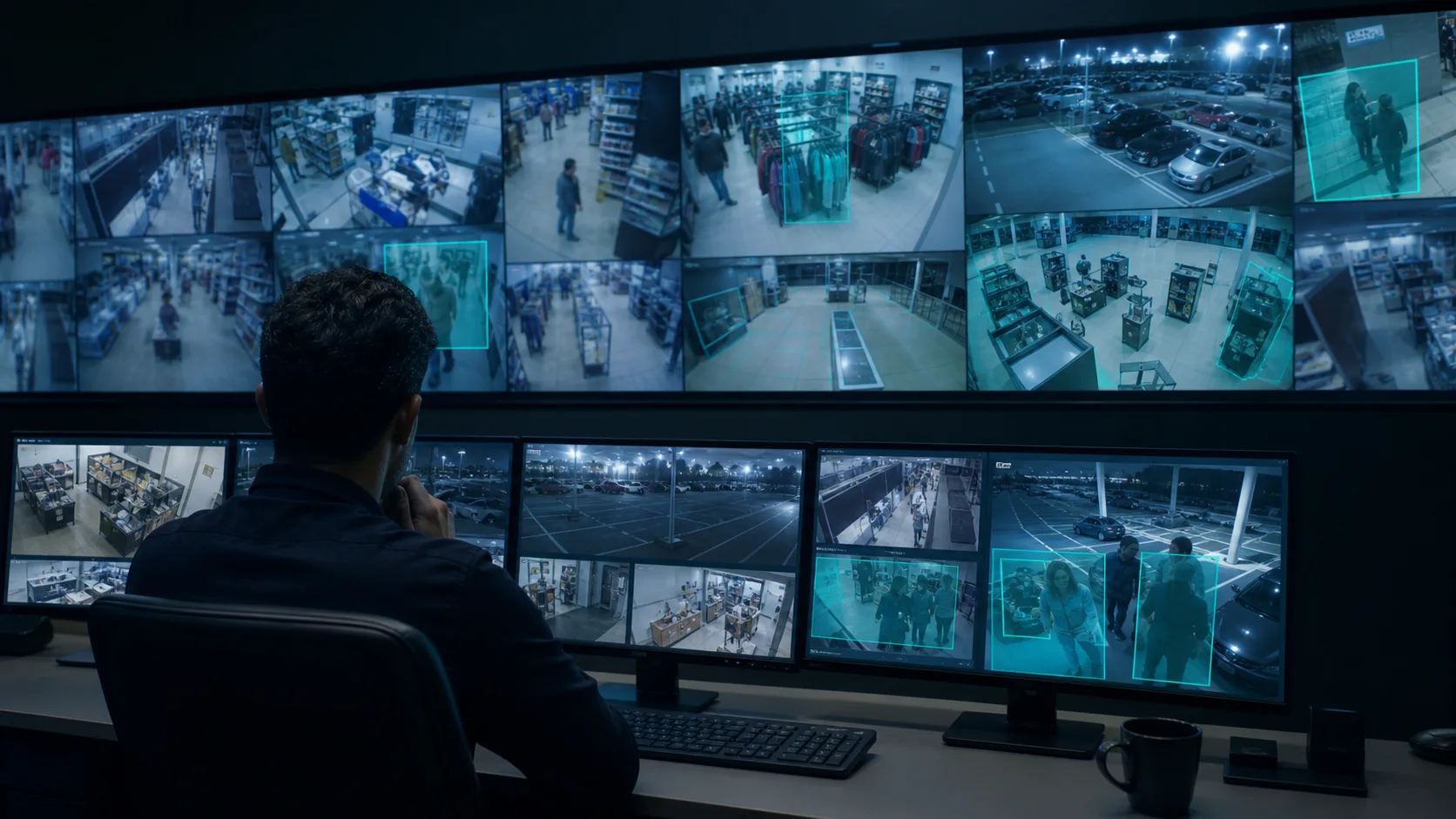 Editorial image of AI reducing manual CCTV monitoring workload in a security room