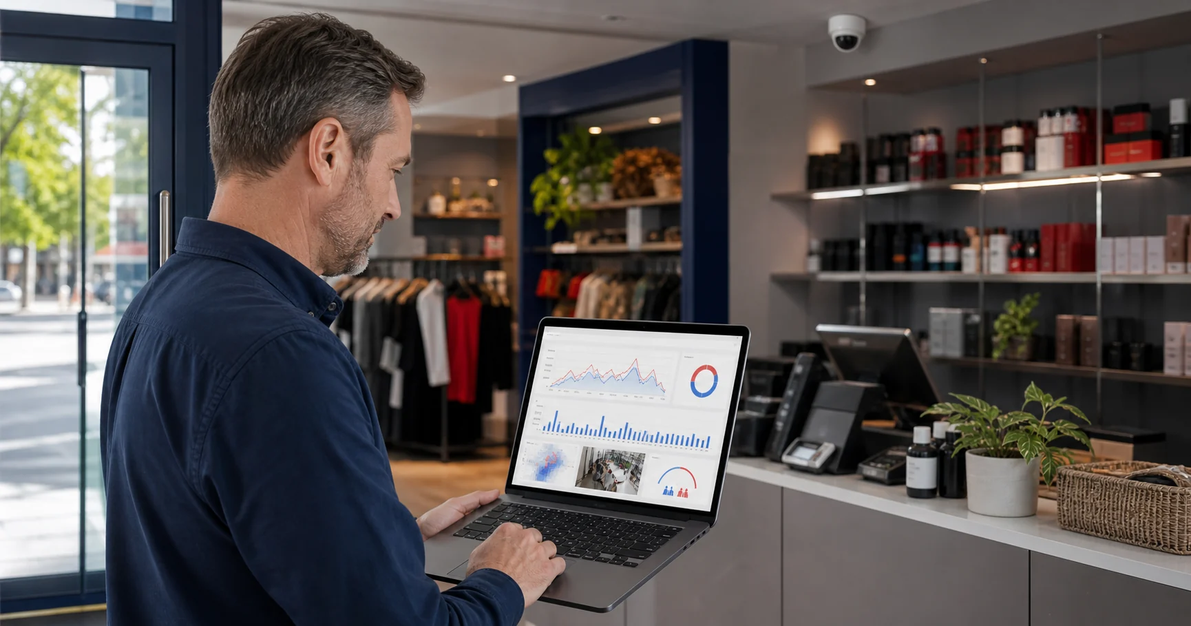 Retail manager reviewing footfall analytics from existing CCTV cameras inside a store