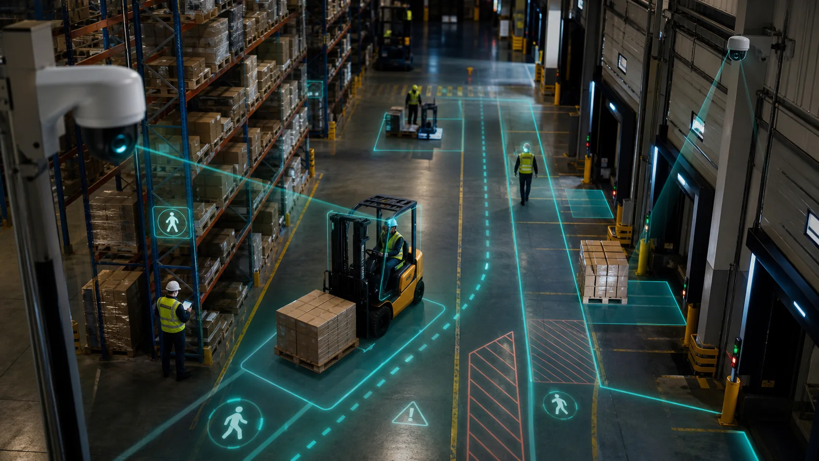 Editorial image of AI warehouse safety analytics for forklifts and pedestrian zones