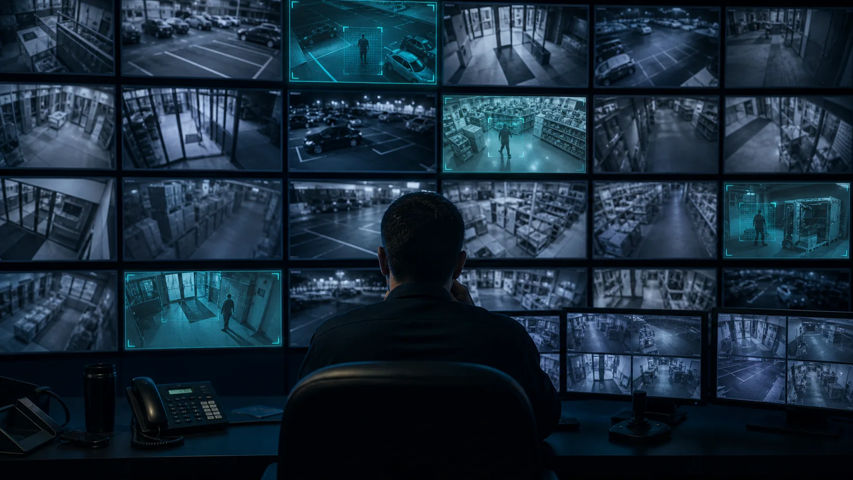 Editorial image of AI helping a security operator monitor many CCTV feeds